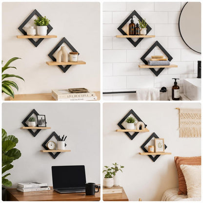 Wandregal im Rauten-Design aus Holz, Boho Stil