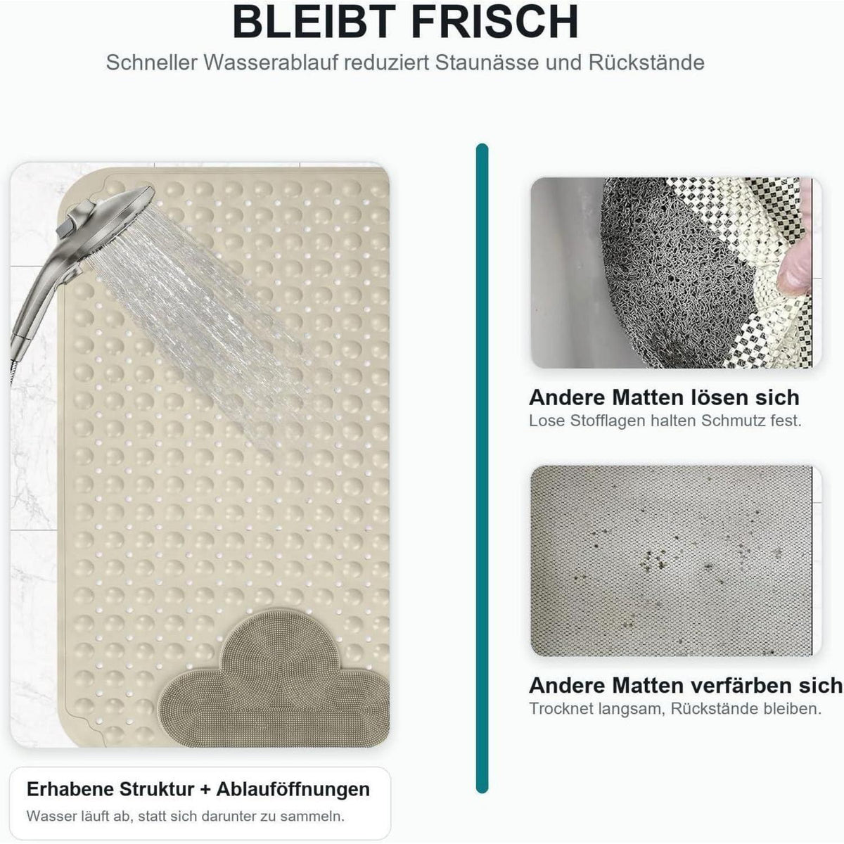 Rutschfeste Duschmatte 60x90cm – Komfortable TPE Duscheinlage mit Saugnäpfen