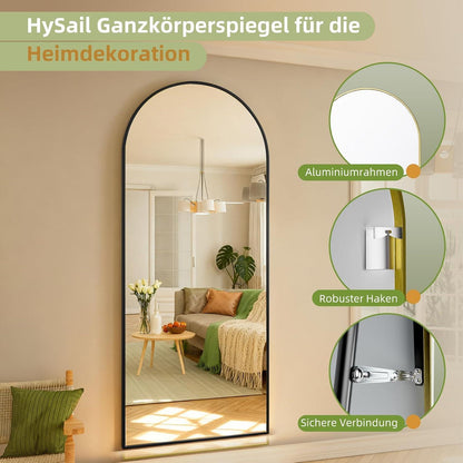Großer Bogenförmiger Standspiegel – Schwarz 180x75cm, Sicherheitsglas