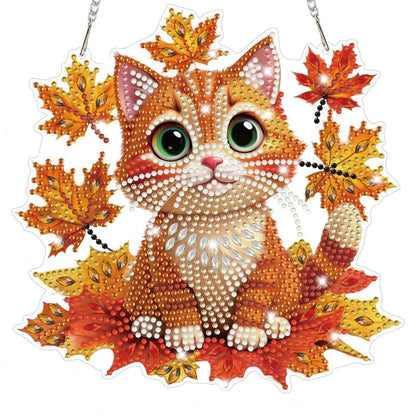 Diamantmalerei Anhänger Katze Ahornblatt – DIY Fensterbild für Herbst