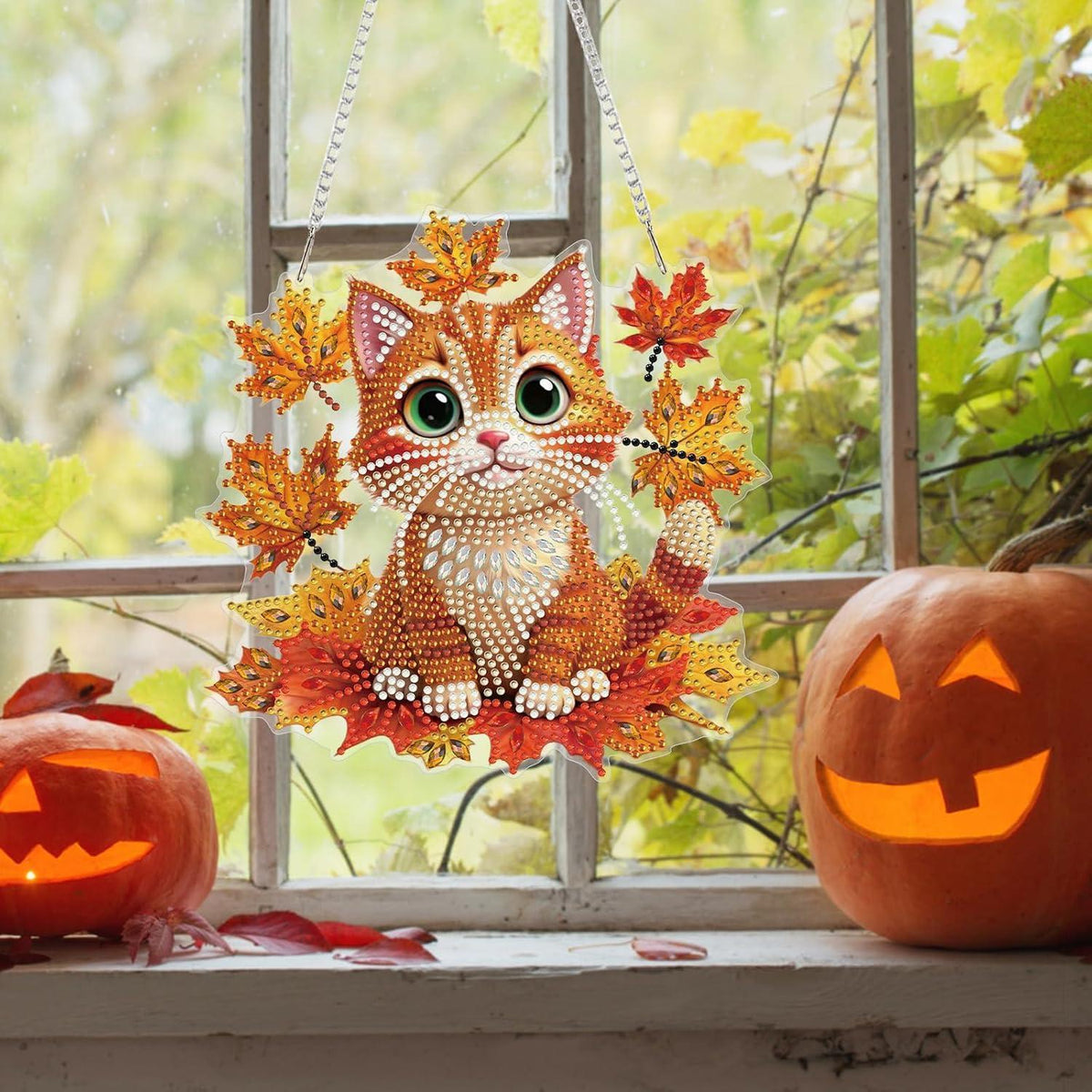 Diamantmalerei Anhänger Katze Ahornblatt – DIY Fensterbild für Herbst
