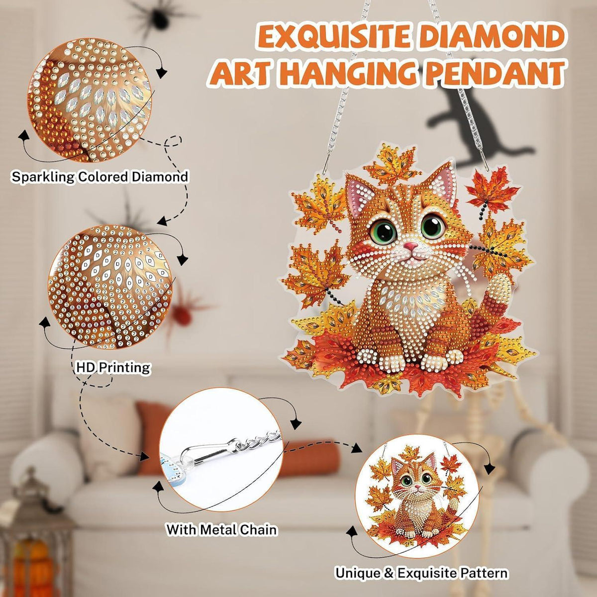 Diamantmalerei Anhänger Katze Ahornblatt – DIY Fensterbild für Herbst
