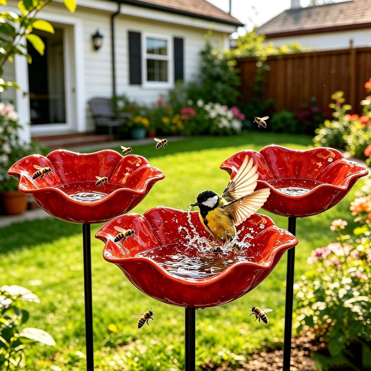 3er-Set Vogeltränke Blume aus Metall – Gartenstecker für Vögel