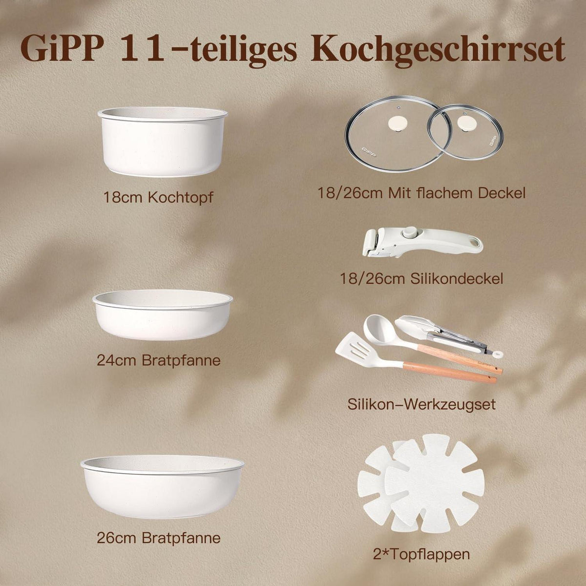 11-teiliges Pfannenset Antihaft, Abnehmbare Griffe Weiß