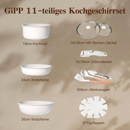 11-teiliges Pfannenset Antihaft, Abnehmbare Griffe Weiß