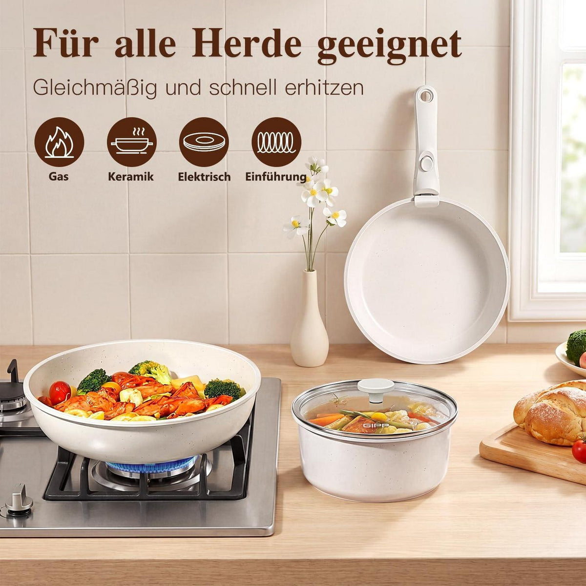 11-teiliges Pfannenset Antihaft, Abnehmbare Griffe Weiß
