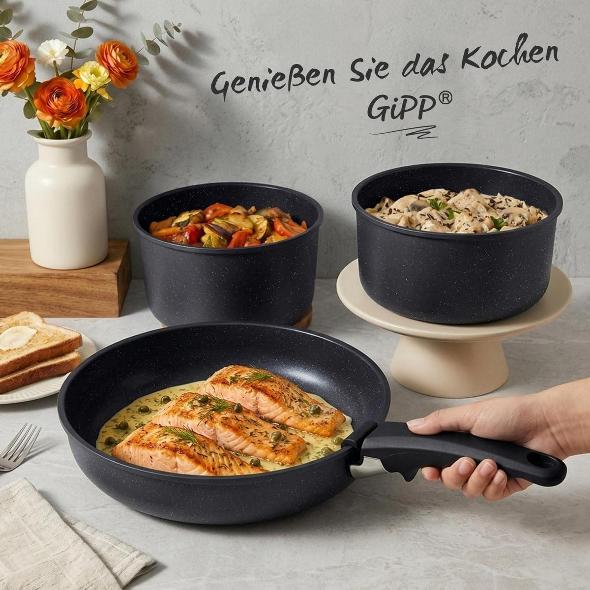 16-teiliges Pfannenset Antihaft, Abnehmbare Griffe & Platzsparend
