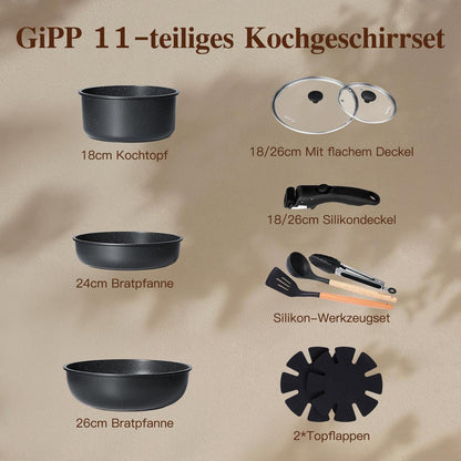 11-teiliges Pfannenset Antihaft, Abnehmbare Griffe & Platzsparend