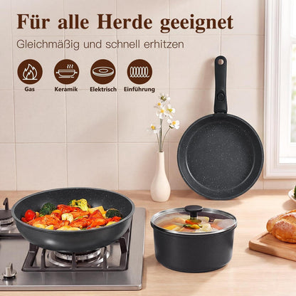 11-teiliges Pfannenset Antihaft, Abnehmbare Griffe & Platzsparend