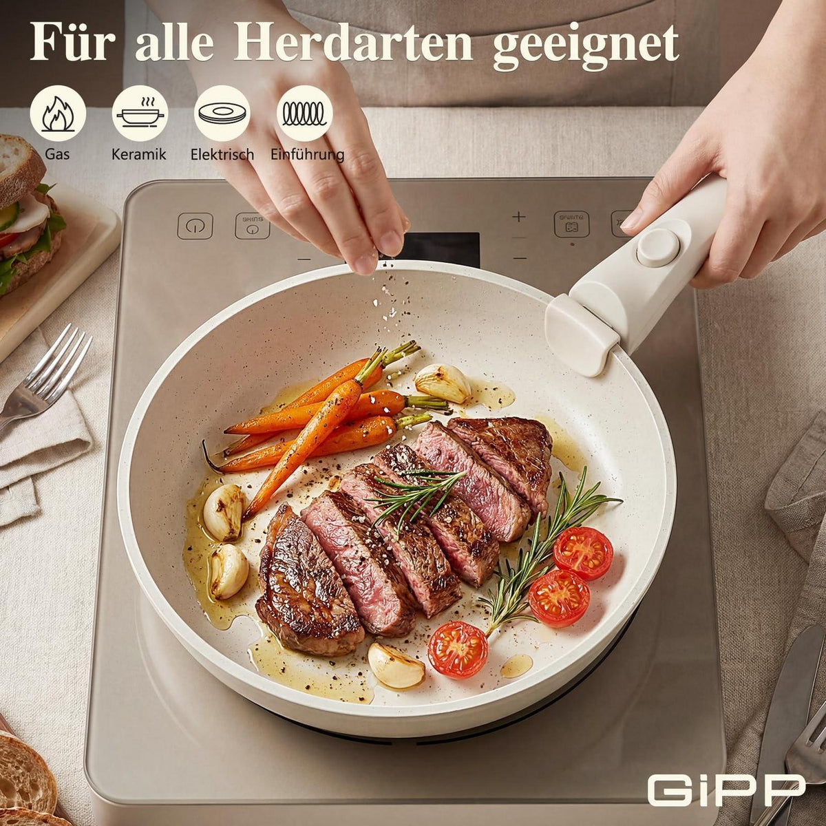19-teiliges Pfannenset Antihaft, Abnehmbare Griffe Weiß