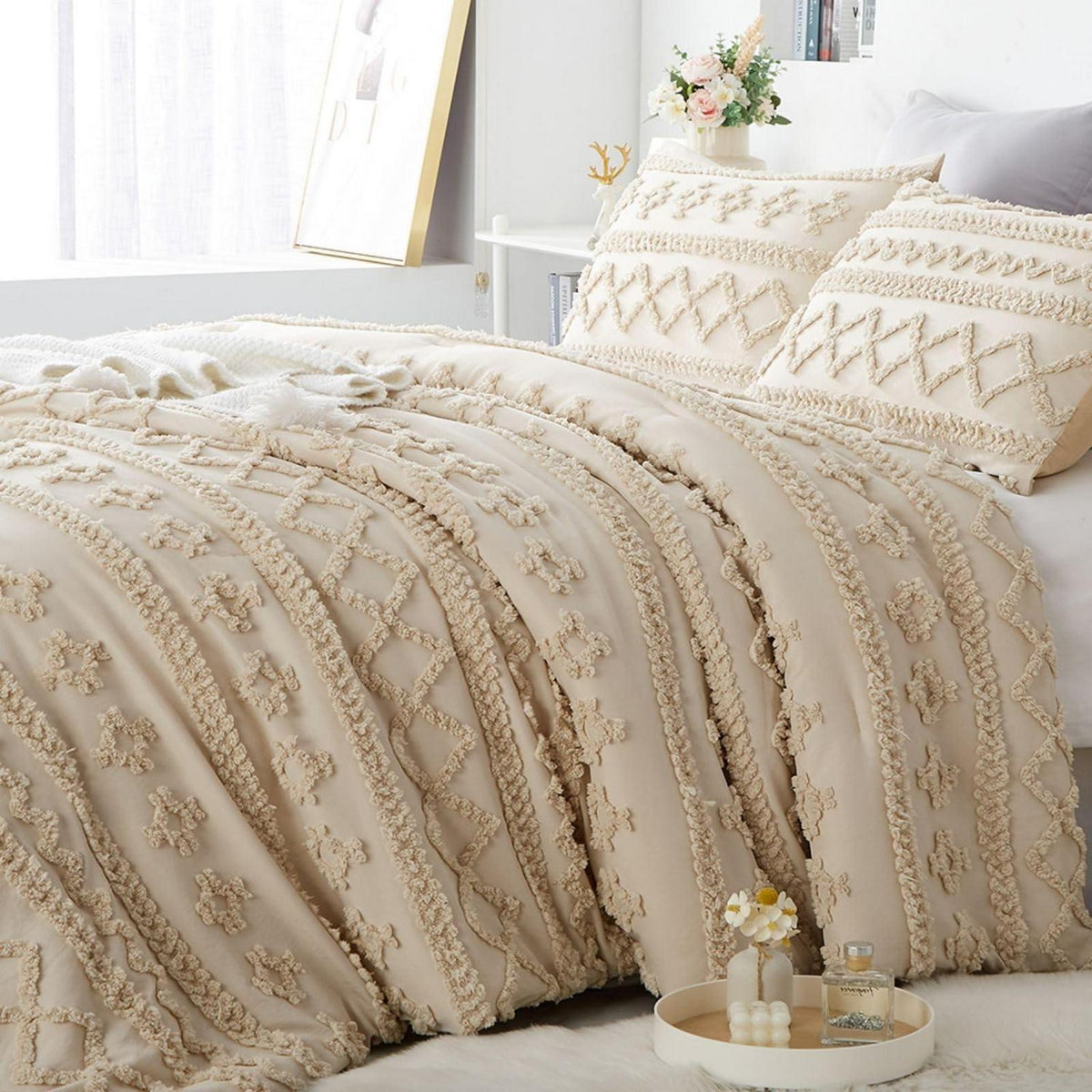 Bettwäsche-Set Boho Beige 200x220cm Getuftet mit Reißverschluss