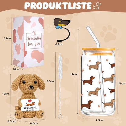 Dackel Geschenkset: Glas mit Deckel & Gehäkelter Glücksbringer
