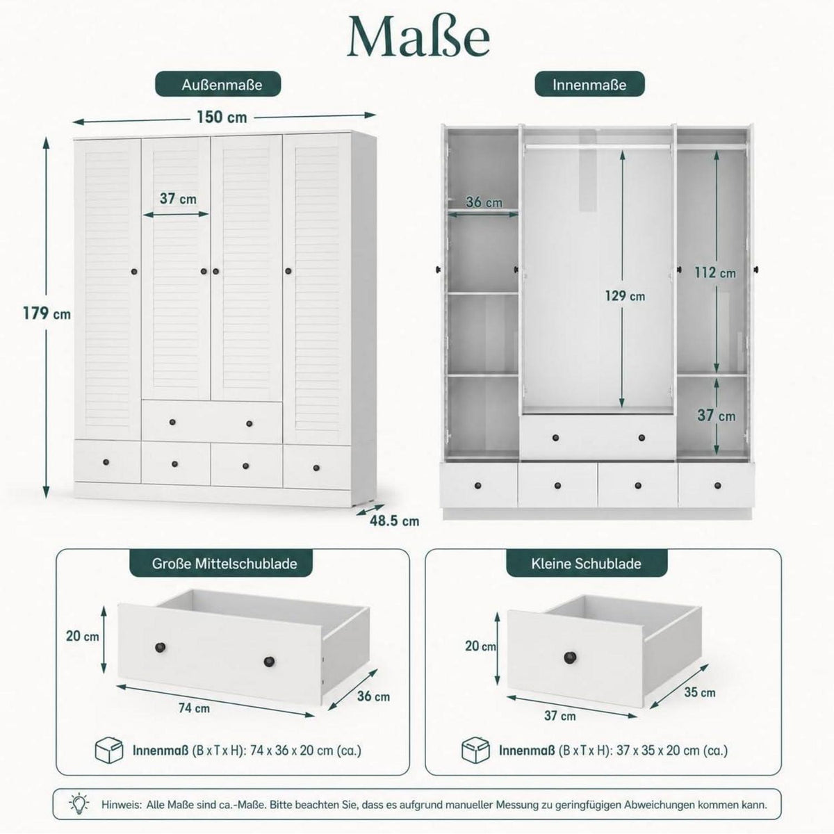 Weißer Kleiderschrank 150x50x180cm | 4 Türen, 5 Schubladen