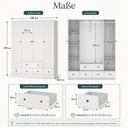 Weißer Kleiderschrank 150x50x180cm | 4 Türen, 5 Schubladen