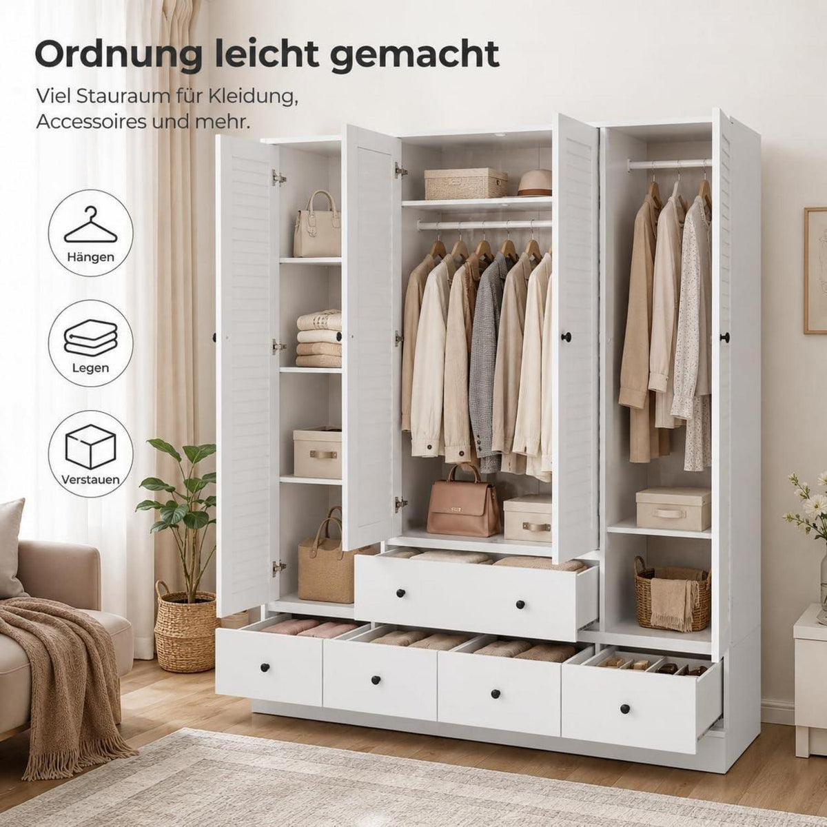 Weißer Kleiderschrank 150x50x180cm | 4 Türen, 5 Schubladen