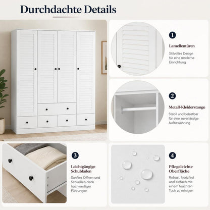 Weißer Kleiderschrank 150x50x180cm | 4 Türen, 5 Schubladen