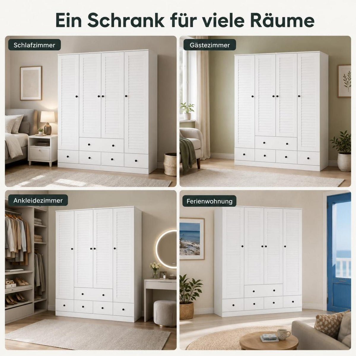 Weißer Kleiderschrank 150x50x180cm | 4 Türen, 5 Schubladen