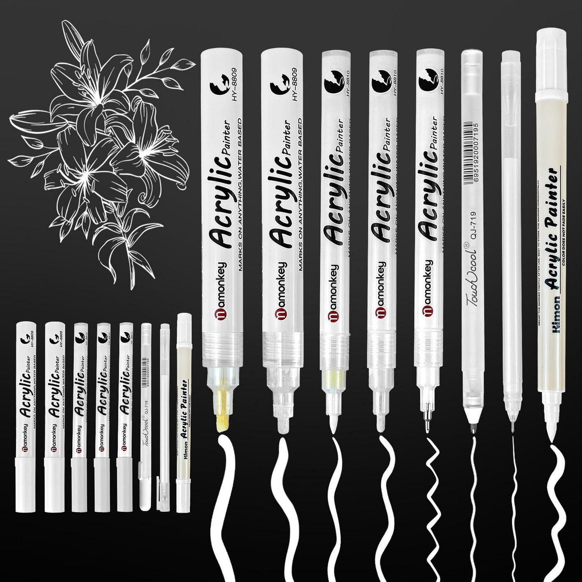 Weiße Acrylmarker Set | 8er Pack | Pinsel & Fineliner
