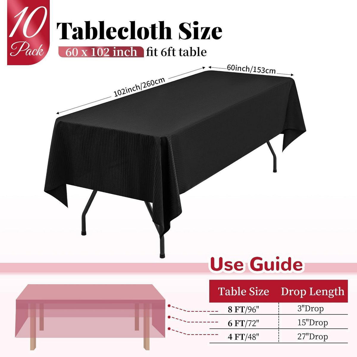 10x Tischdecke Schwarz Streifen | Rechteckig, 153x260 cm