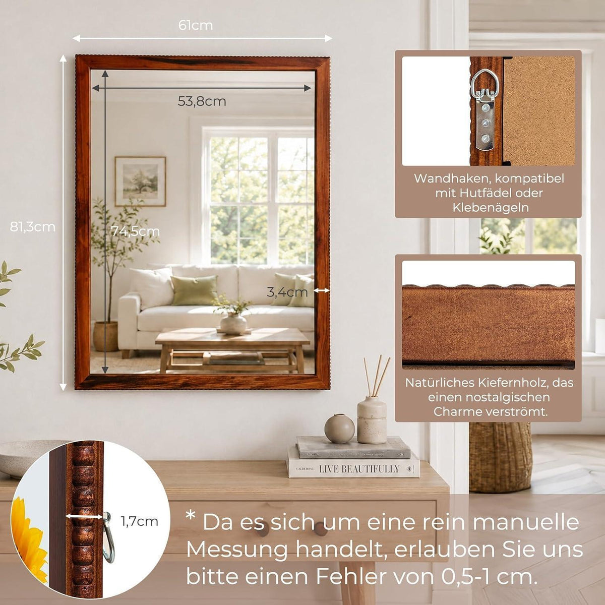 Rustikaler Wandspiegel Holzrahmen 61x81cm – Braun