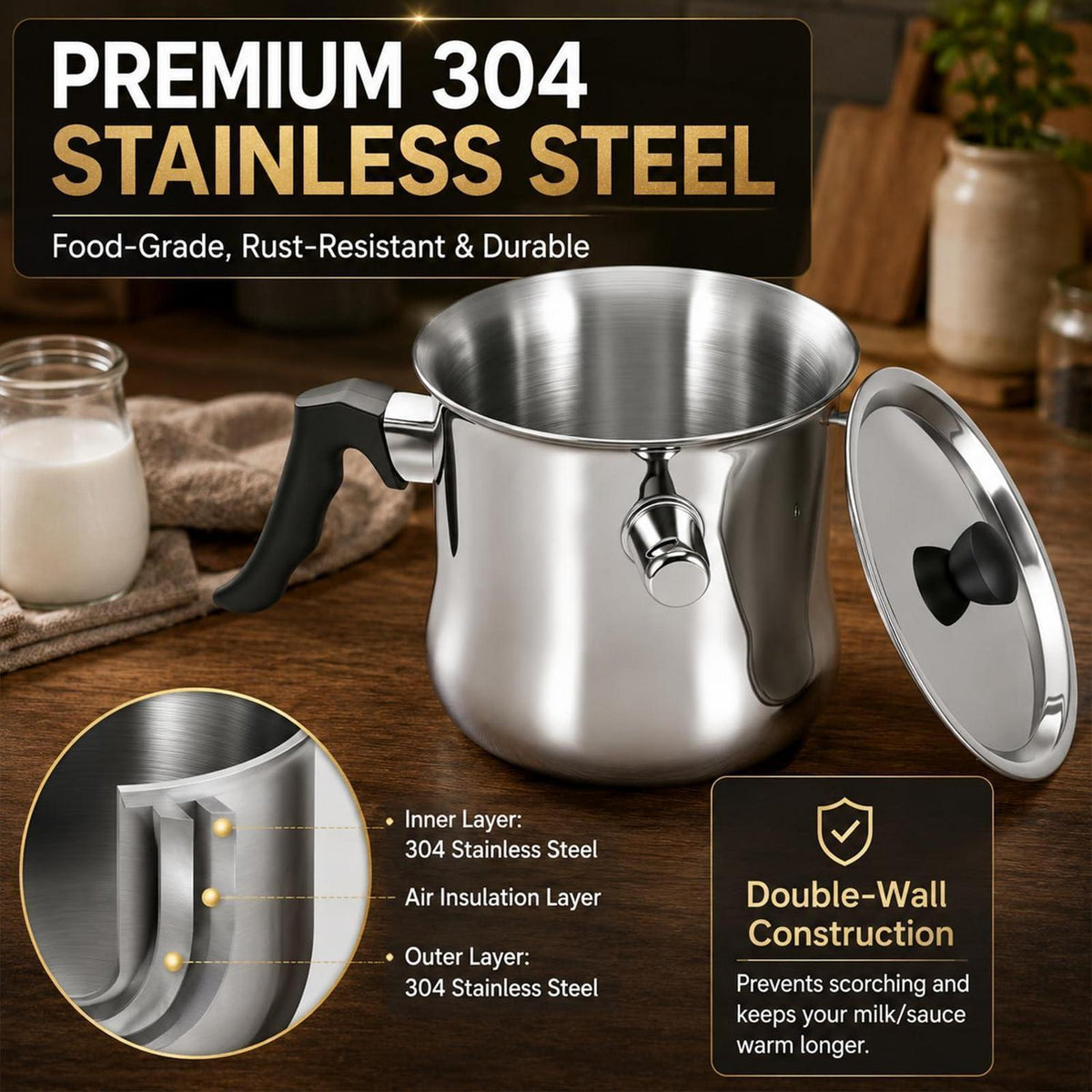 Milchtopf 1,5L mit Pfeife – Edelstahl, Doppelwandig & Vielseitig