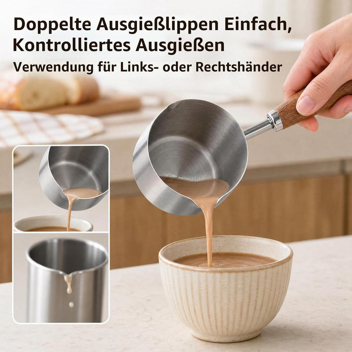 Edelstahl Mini Topf mit Holzgriff & Ausgießer 250ml