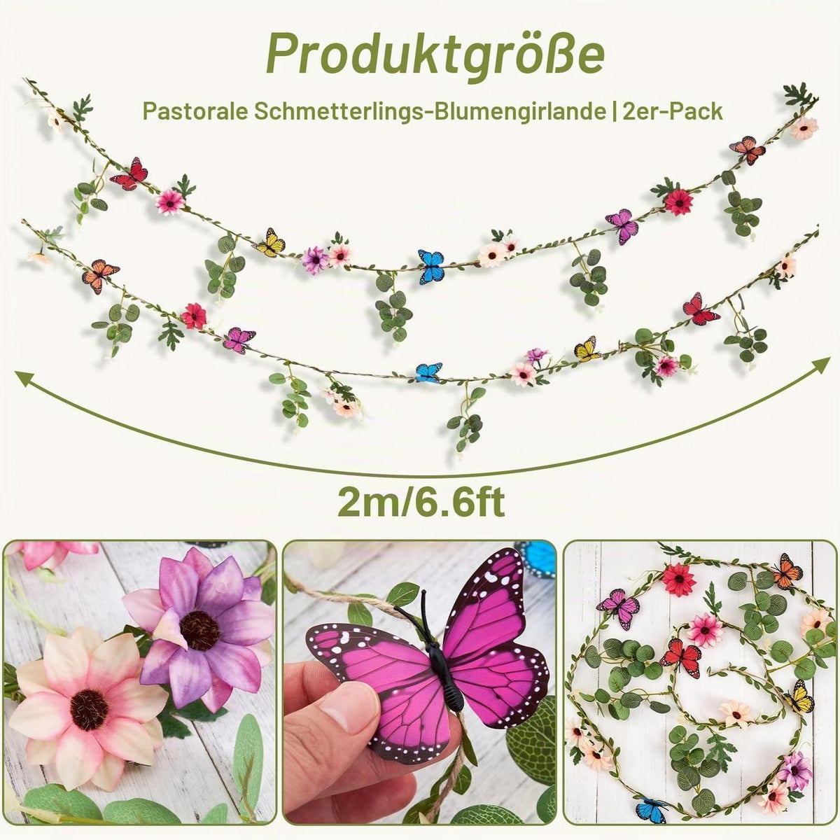Blumen Girlande mit Schmetterlingen – 2er Set, 2m lang