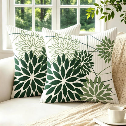2er Set Kordsamt Kissenbezüge Salbeigrün Blumen 50x50 cm