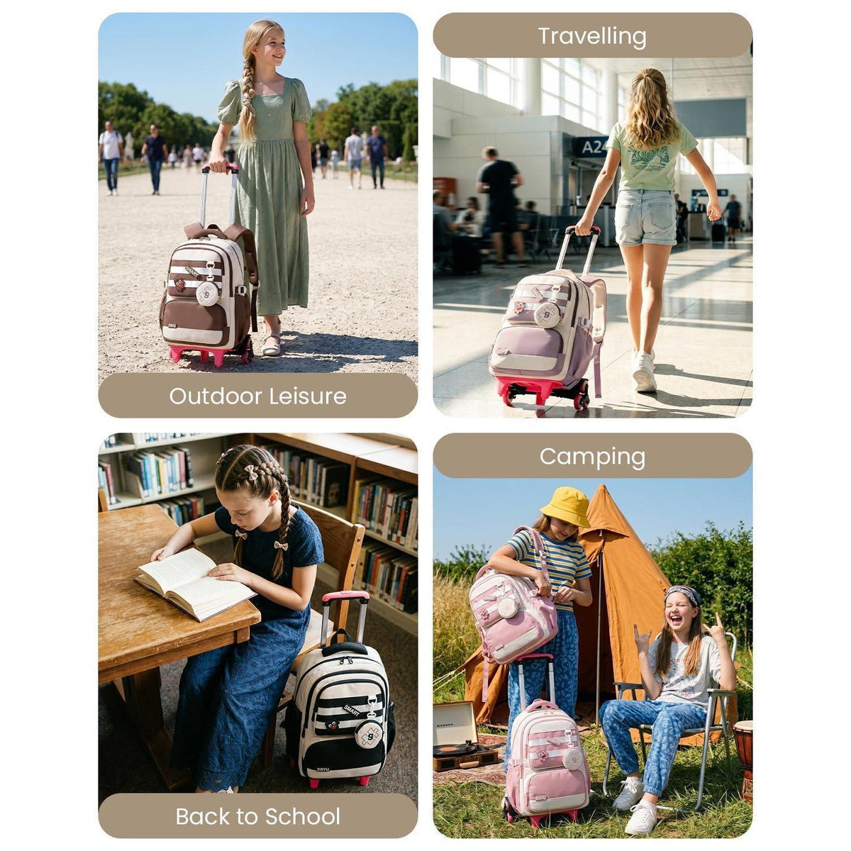 Schultrolley Rucksack Mädchen 3-9 Klasse, Braun, Höhenverstellbar