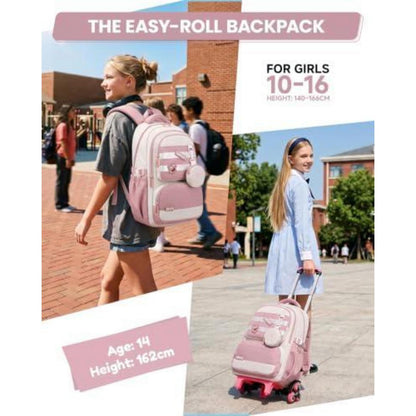 Schultrolley Rucksack Mädchen 3-9 Klasse, Rosa, Abnehmbar & 6 Räder