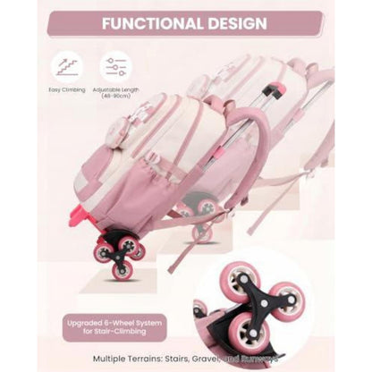 Schultrolley Rucksack Mädchen 3-9 Klasse, Rosa, Abnehmbar & 6 Räder