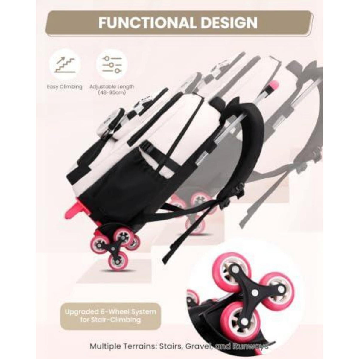 Schultrolley Rucksack Mädchen 3-9 Klasse, Abnehmbar & 6 Räder