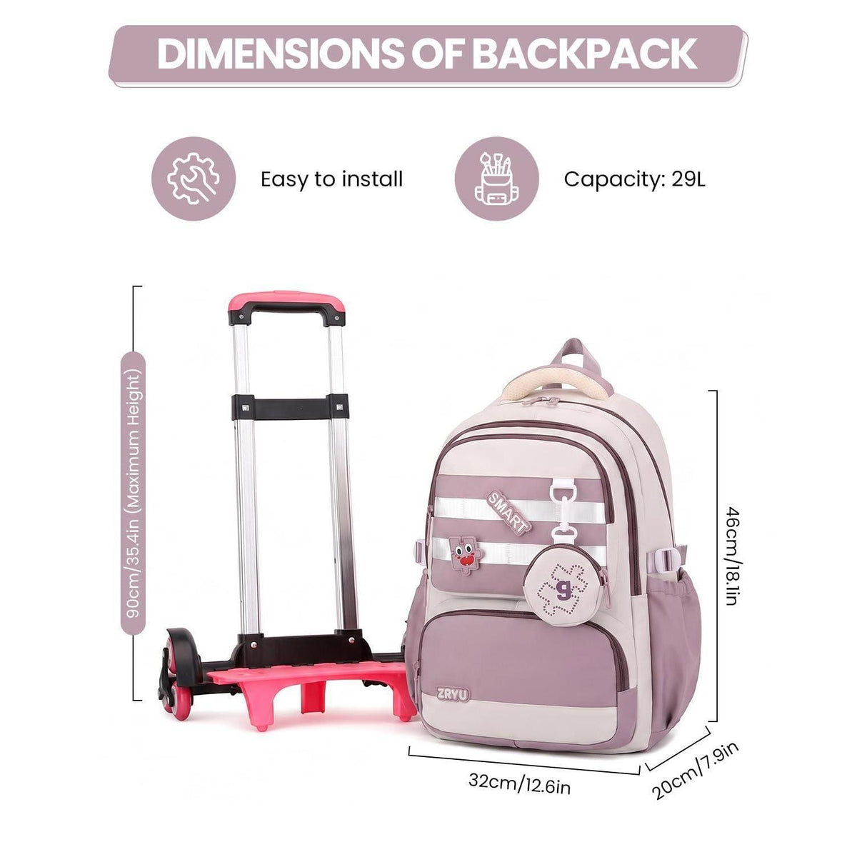 Schultrolley Rucksack Mädchen 3-9 Klasse Lila, Höhenverstellbar