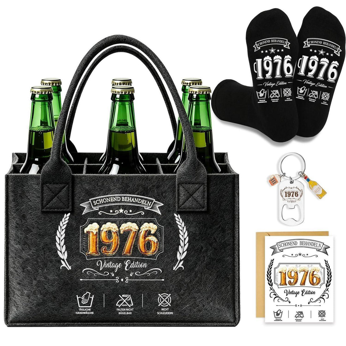 Bier Handtasche Geschenkset 50 Geburtstag Mann mit Socken & Schlüsselanhänger