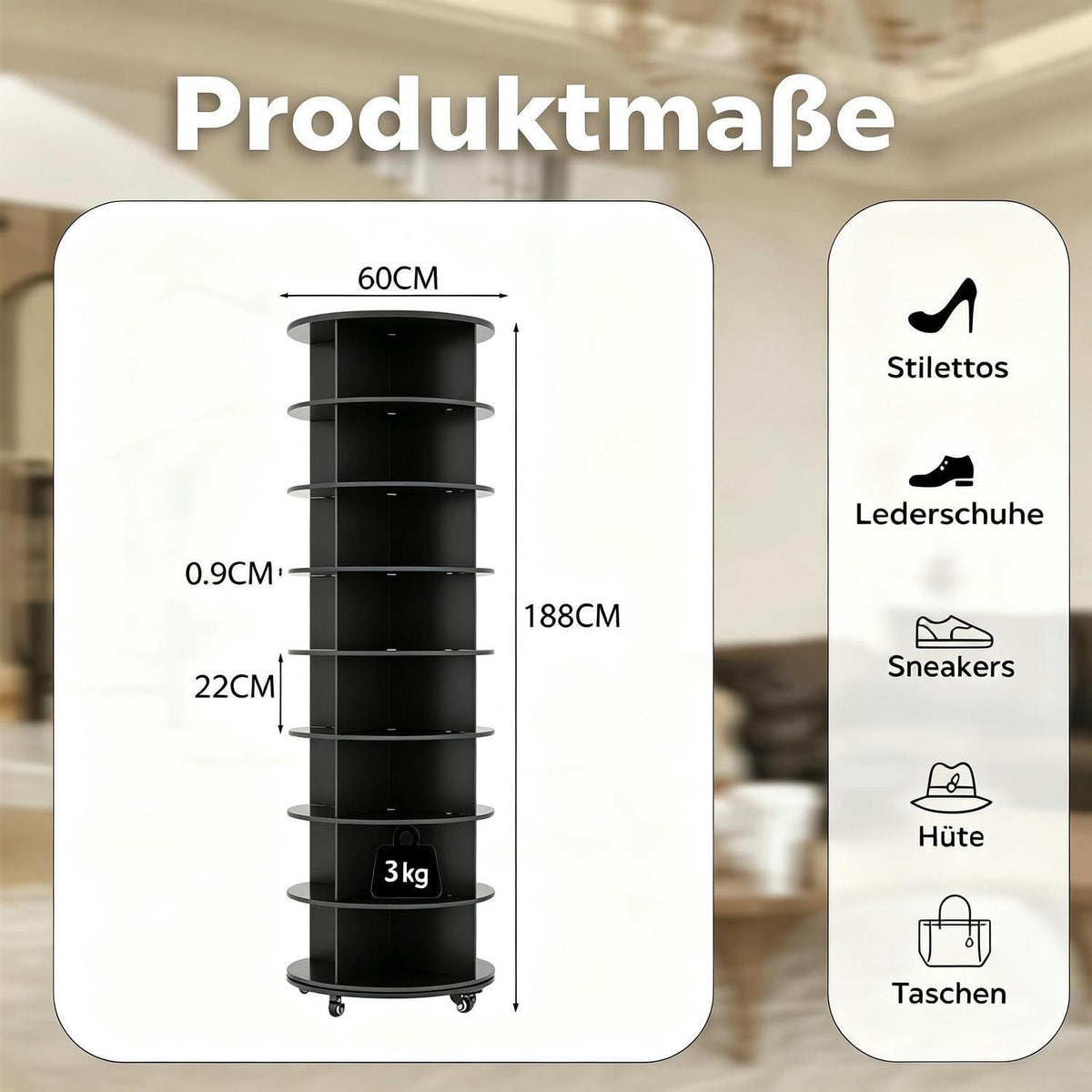 Drehbares Schuhregal 8-stöckig | 360° Schuhschrank Schwarz