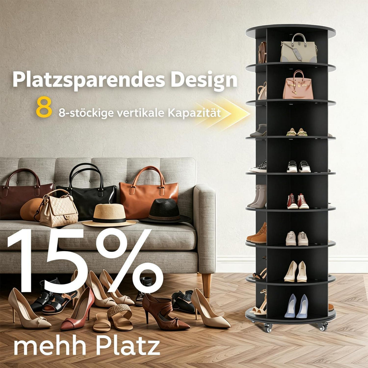 Drehbares Schuhregal 8-stöckig | 360° Schuhschrank Schwarz