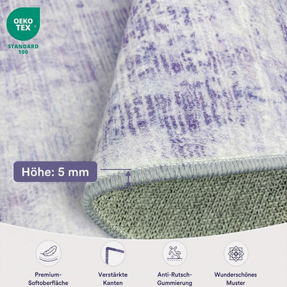 Vintage Teppich Lila 140x200cm – Weicher Kurzflor Wohnzimmerteppich