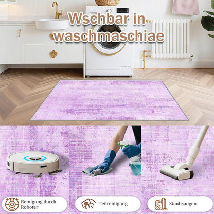 Vintage Teppich Lila 200x300cm - Weicher Kurzflor Teppich Wohnzimmer