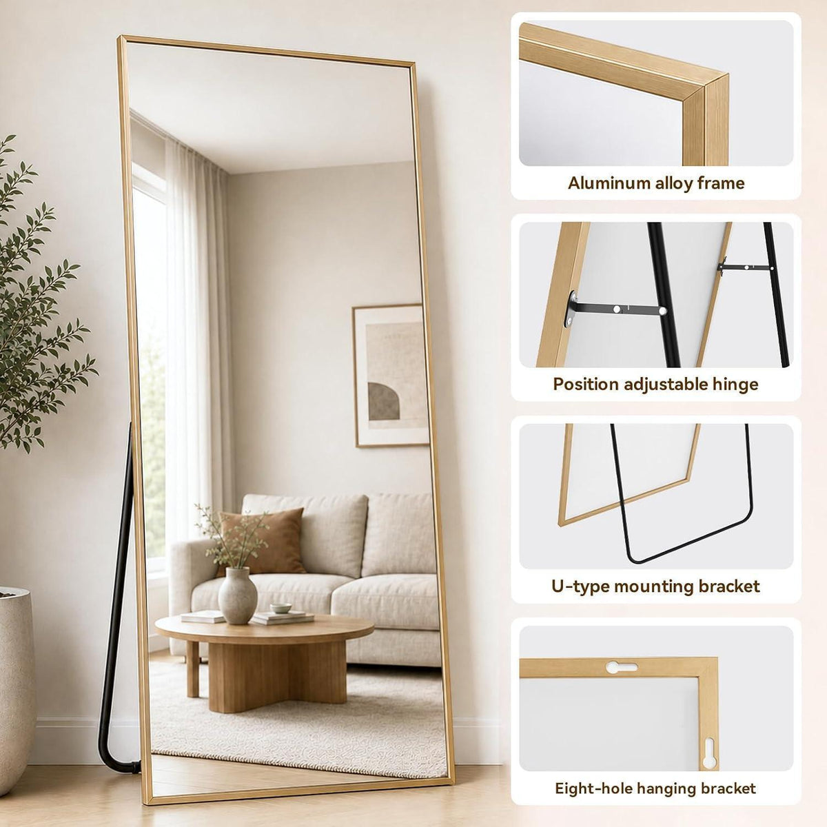 Großer Ganzkörperspiegel 171x76cm – Stand- & Wandspiegel Gold