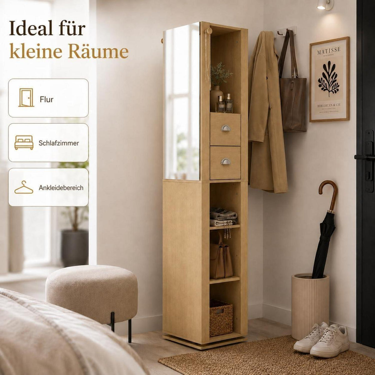Drehbarer Spiegelschrank mit Stauraum – 360° Hochschrank für Flur