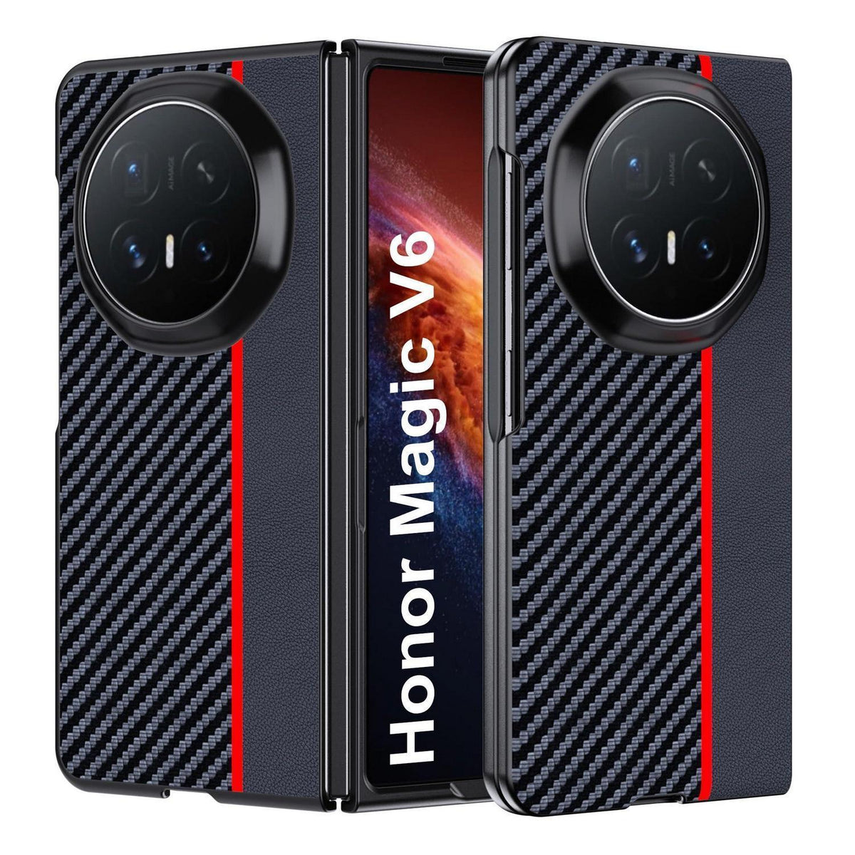 Honor Magic V6 Hülle: Wasserdicht, Stoßfest & Carbonfaser Rot/Schwarz