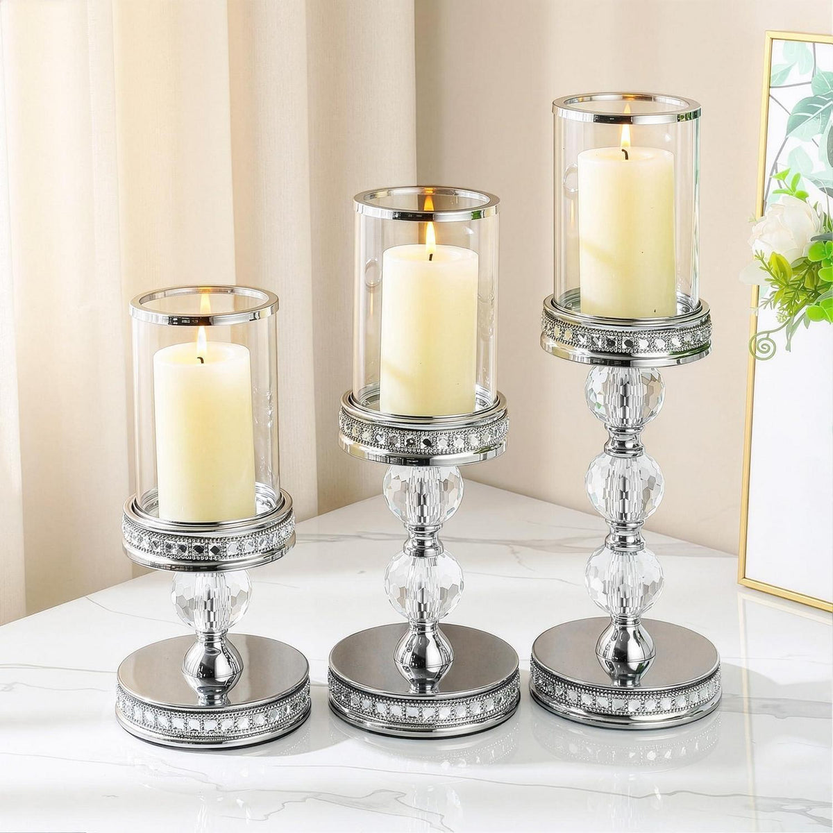 Stumpenkerzenhalter mit Glas, 3er Set, Silber, 25.5/31.5/37.5cm