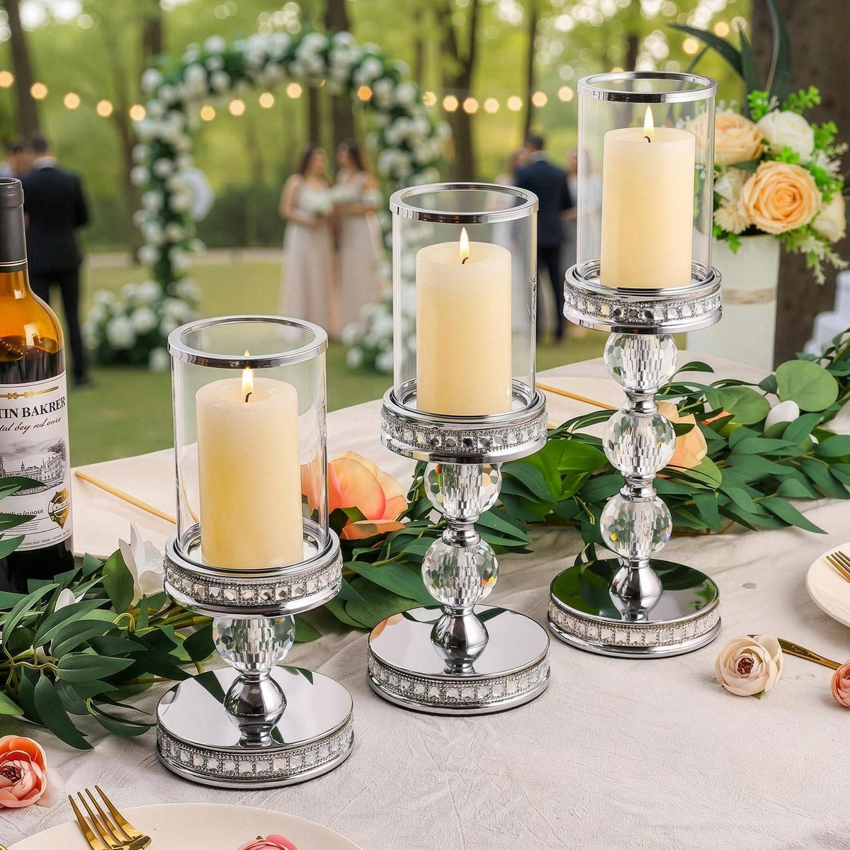 Stumpenkerzenhalter mit Glas, 3er Set, Silber, 25.5/31.5/37.5cm