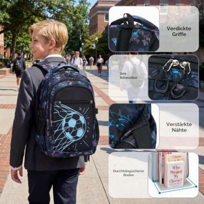 Schulrucksack Jungen 3. Klasse – Schwarz Türkis Fußball Set