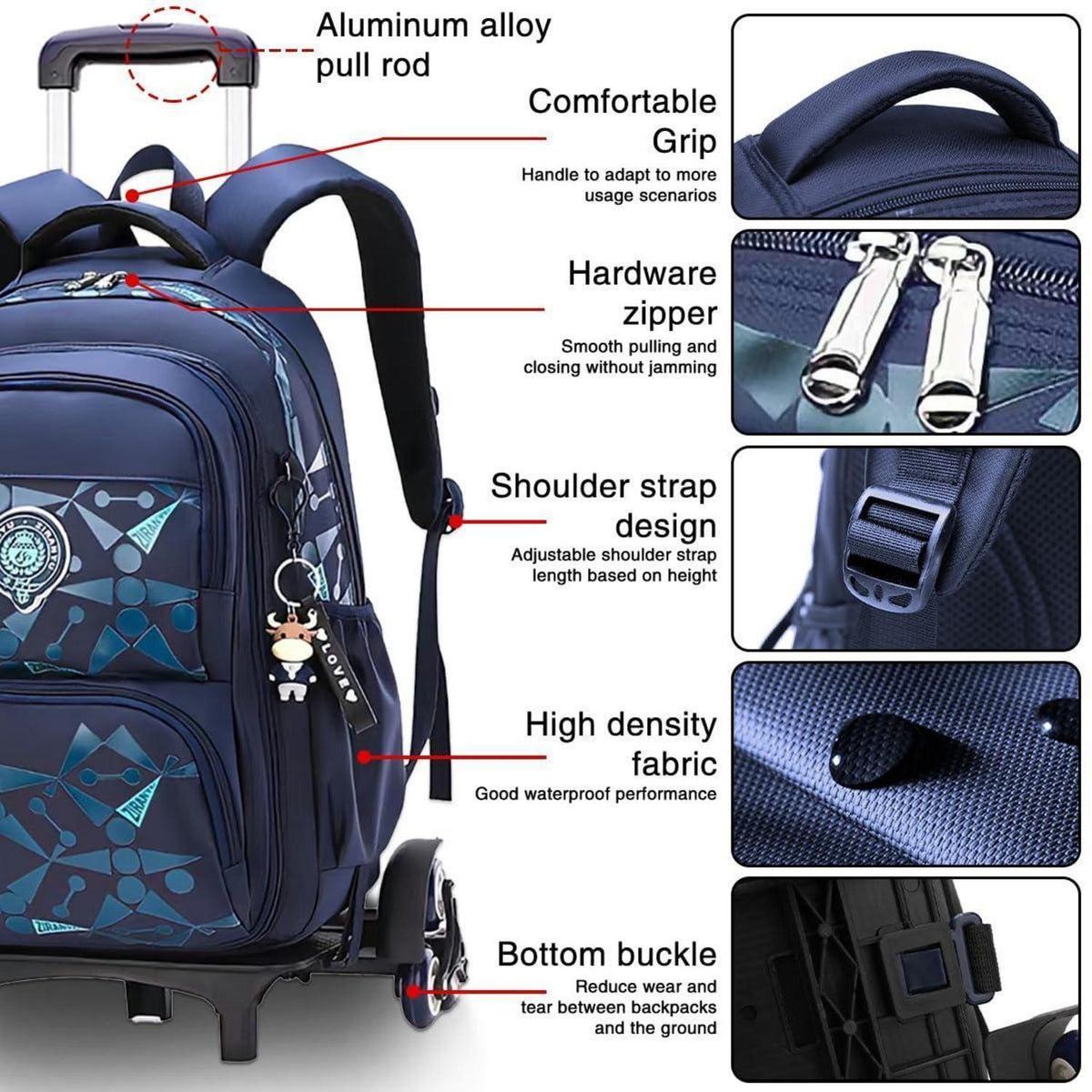 Rucksack mit Rollen für Kinder – Schultasche mit Trolley, Schwarz