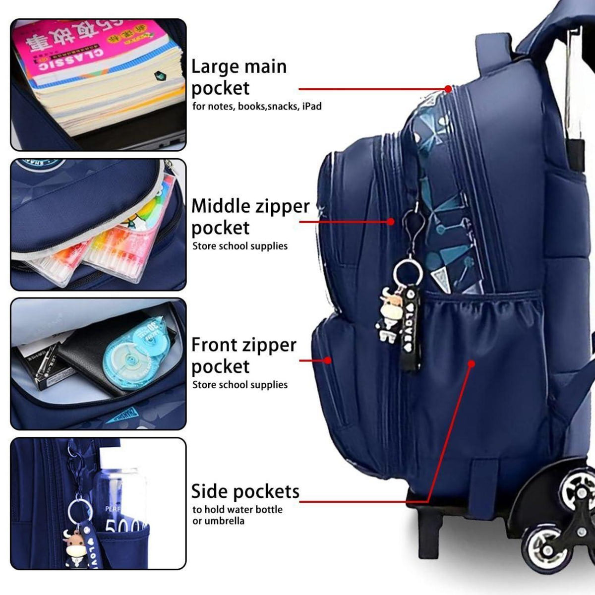 Rucksack mit Rollen für Kinder – Schultasche mit Trolley, Schwarz