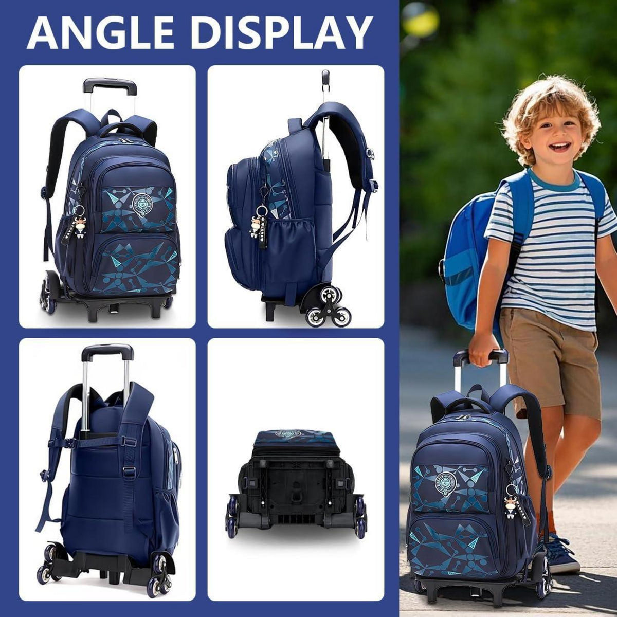 Rucksack mit Rollen für Kinder – Schultasche mit Trolley, Schwarz