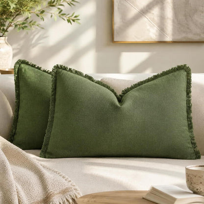 2er Set Baumwoll Kissenbezüge mit Fransen, 30x50 cm Grün