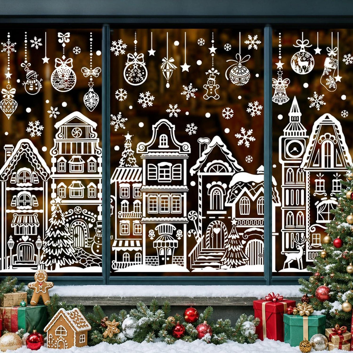 Fenstersticker Weihnachten Häuser Schneeflocken weiß wiederverwendbar