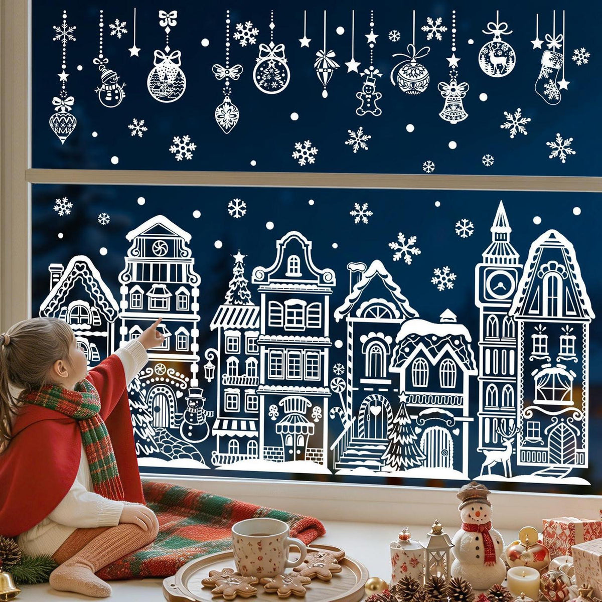 Fenstersticker Weihnachten Häuser Schneeflocken weiß wiederverwendbar